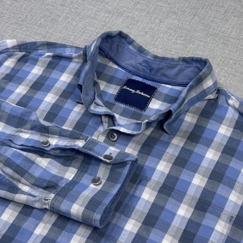 Tommy Bahama Button-Up Shirt Mens L Blue Plaid Long Sleeve Cotton Silk Spandex
